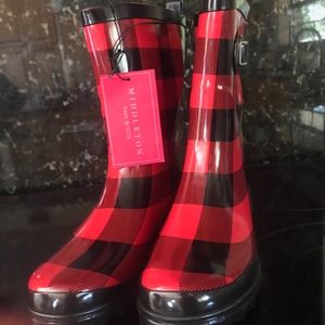 Rain Boots- Ladies Sz 8- Red/Black Flannel Print-